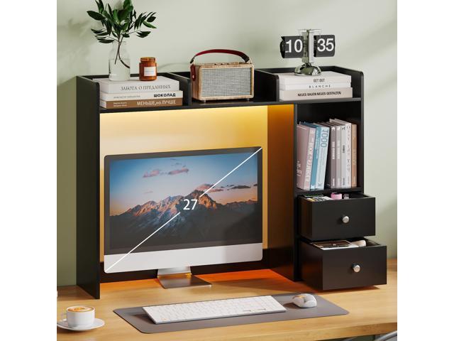 Desktop Bookshelf with LED Lights and 4 Shelves 36.6', 2 Drawers, Fits 27' Monitor, Desk Organizer Shelf, Dorm Office Home, Black