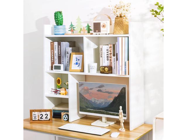 Desktop Shelf, Desk Hutch with 5 Shelves for Computer Desk, White 3-Tier Desktop Display Rack, Multipurpose Wood Desktop Bookshelf Storage.