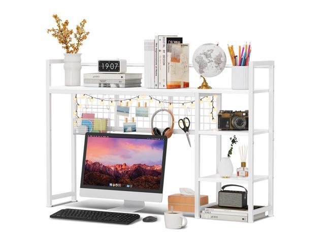 Desk Shelf, 44.9' Desktop Organizer Shelf, Desk Hutch for Computer Monitor, 4 Tier Desk Display Rack with Pegboard Hooks Set, Wood Desktop...