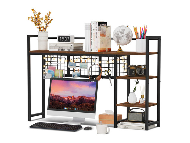 Desk Shelf, 44.9' Desktop Organizer Shelf, Desk Hutch for Computer Monitor, 4 Tier Desk Display Rack with Pegboard Hooks Set, Wood Desktop...