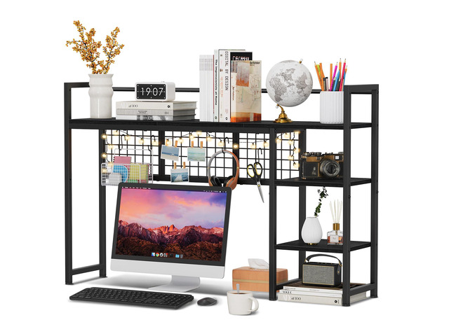 Desk Shelf, 44.9' Desktop Organizer Shelf, Desk Hutch for Computer Monitor, 4 Tier Desk Display Rack with Pegboard Hooks Set, Wood Desktop...