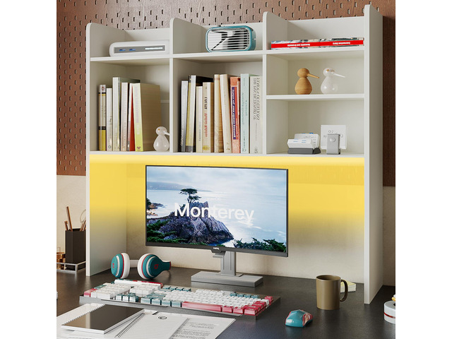 Desk Hutch Dorm with LED Lights, Desktop Bookshelf with 7 Shelves Desktop Shelf, Bookshelf Storage for College Dorm Office Home, White