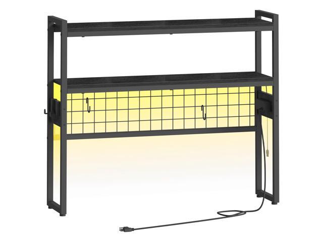 Desktop Bookcase, 37.4' Large Desk Shelf, 2-Tier Desktop Organizer, Wooden Office Storage Rack with Outlets, Display Shelf Rack with Light Strip,...