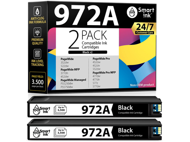 Compatible Ink Cartridge Replacement for HP 972A 972 A (Set of 2 Black, Combo Pack) to use with HP PageWide Pro 477dw 577dw 452dw 477dn 452dn 577z...