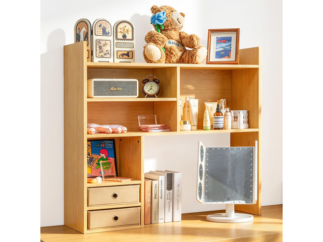 Desktop Bookshelf, High-Capacity Desk Hutch Organizer, Natural with 7 Shelves and 2 Drawers for Computer Desk, Desk Shelf Organizer for Dorm Office...
