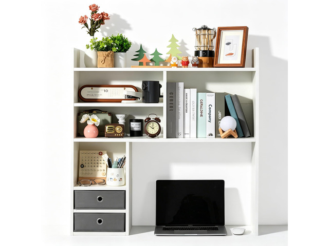 Desktop Bookshelf, High-Capacity Desk Hutch Organizer, White with 7 Shelves and 2 Drawers for Computer Desk, Desk Shelf Organizer for Dorm Office Home