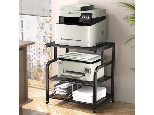 Mobile Printer Stand with Large Desktop - 3 Tier Shelf, 24.4 Inch Height, Wooden Organizer for Home & Office, Black