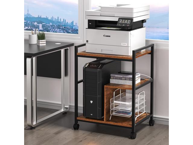 Printer Stand with Charging Station and USB Ports, Large 3-Tier Mobile Printer Table with Storage Shelf, Brown Rolling Industrial Printer Cart with...