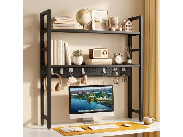 2-Tier Desk Shelf, Desk Hutch Bookshelf with Pegboard and Hook Dorm 30' W, Desktop Bookcase for Computer Monitor, Metal Desktop Hutch, Storage.