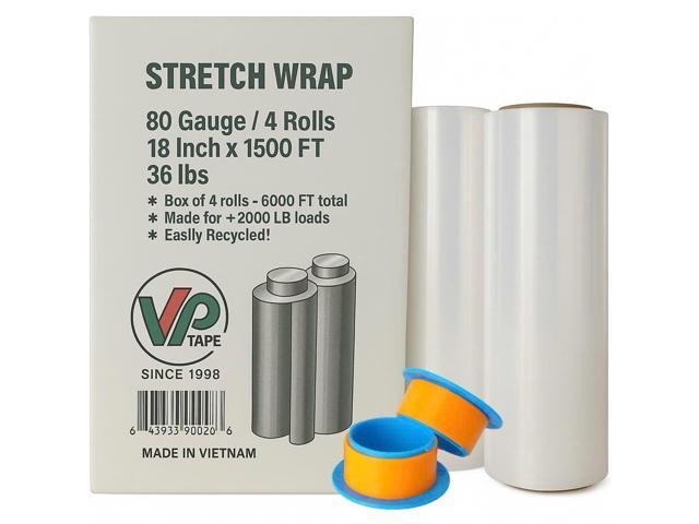 18' Stretch Film/Wrap 1500 feet 80 Gauge Industrial, Clear Packing Moving Packaging Heavy Duty Shrink Film Box of 4 (4 Rolls)- Wrap Holder Included