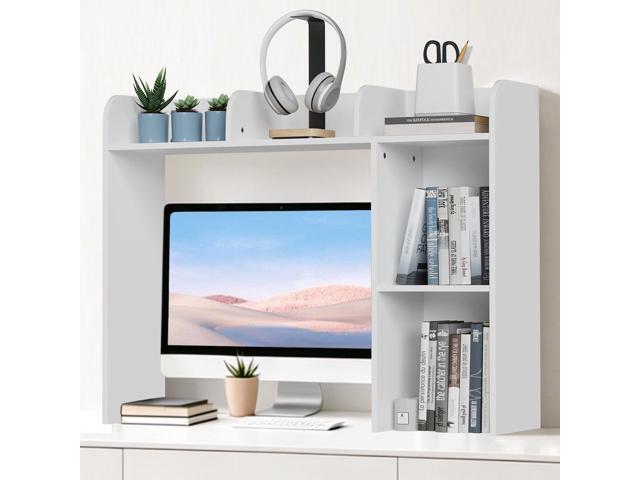 Desk Hutch Dorm White, 3-Tire Wood Desk Shelf Storage Organizer for Office Home