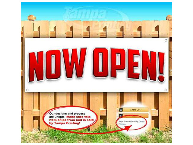 Now Open Banner 13 oz Non-Fabric Heavy-Duty Vinyl Single-Sided with Metal Grommets