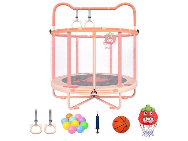 60' Indoor Trampoline for Kids, Toddler Trampoline with Enclosure Net & Gymnastics Bar, Safe No-Gap Mini Trampoline for Toddlers 1-3 2-5, Pink.