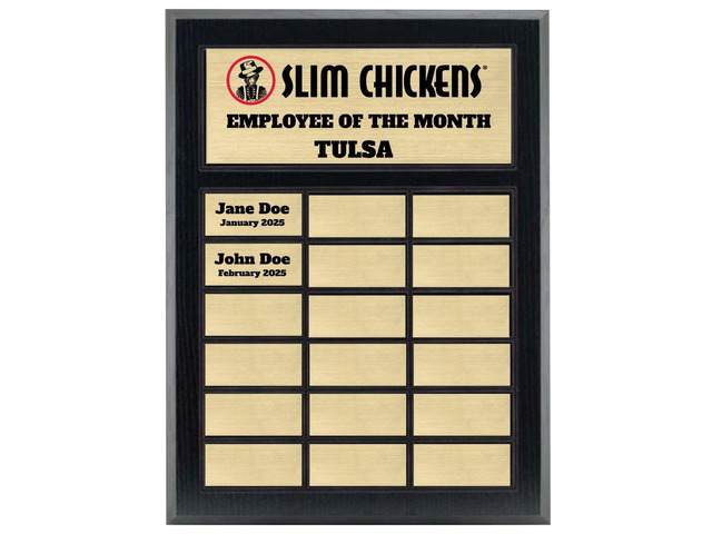 Custom Perpetual Plaque, Employee of The Month, Salesman of The Month Appreciation Award Gold Plates on Matte Black Pressed Board (18 Plate)