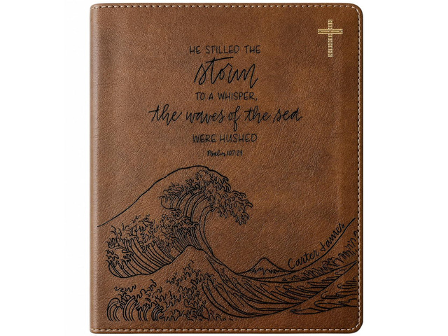 NIV Journaling Bible Brown With Gold Cross He Stilled the Storm - Ocean Waves Includes Option to add Engraved Name Personalized and...