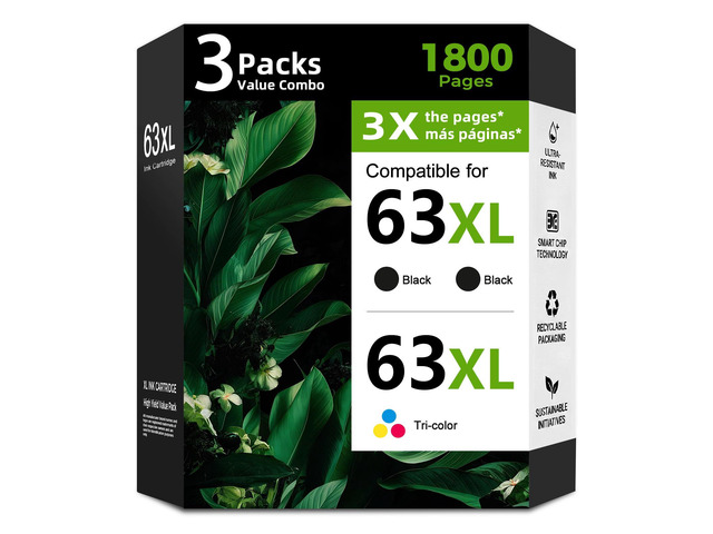 63XL Ink Cartridge Replacement for HP 63 XL HP63(2 Black,1 Color,3 Pack)for Envy 4520 4512 4510 Officejet 4650 5258 5200 3830 5255 4655 4652 5252...