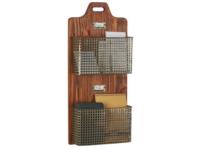 Sawyer Vertical Wall Organizer - Mission Red Oak - Handcrafted - Wooden Back, Metal Baskets - Vintage Hanging Organizer - Two Tier Basket for Mail,...