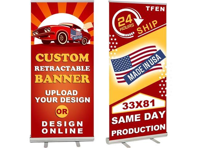 Custom Retractable Banner with Aluminum Silver Stand Ready in 1 Day, Personalized Roll Up Banner, Full Color Pop Up Display Sign with Travel Bag...