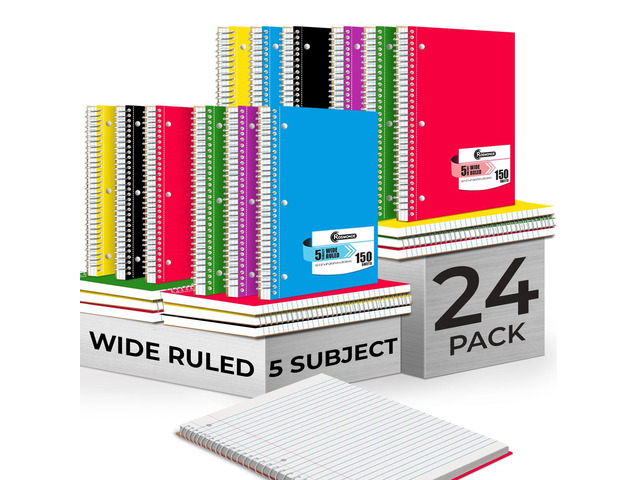 5 Subject Spiral Notebook, 24 Pack, Wide Ruled Bulk, 150 Sheets Back to School Notebook Journal, 8 x 10-1/2, Wide Ruled Bulk, 300 Pages, School &...