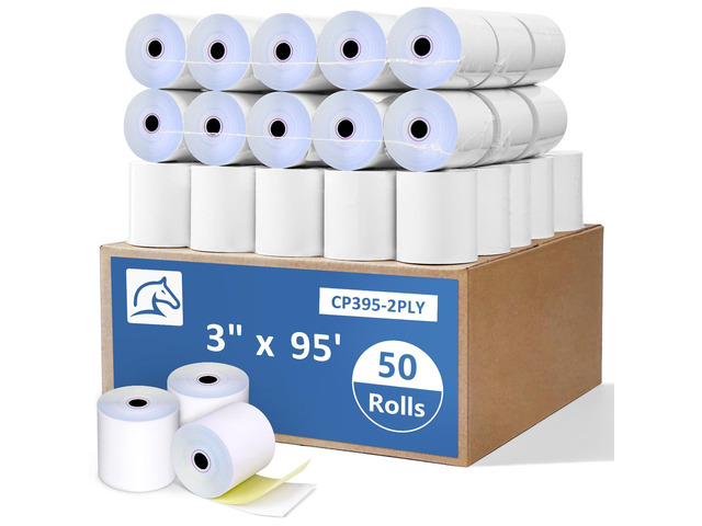 (50 Rolls) 2 Ply Carbonless Rolls 3' X 95 Feet White/Canary Receipt Paper for Restaurants & POS Cash Registers, Kitchen Printer Paper for Star...