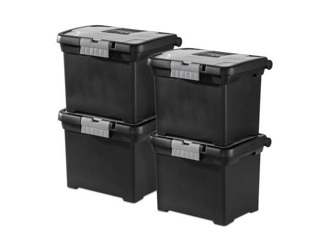 4-Pack Portable File Box, Stackable Container for Letter Hanging Folders, Black - Paper Document Plastic Storage Organizer with Latching Lid for.