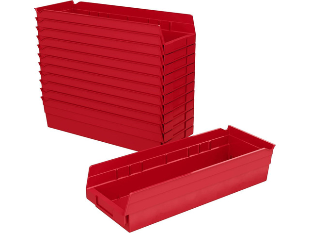 30138 Plastic Shelf Bins, Heavy Duty Storage Bins for Garage, Closet, and Drawer Organization, 18' x 6-1/2' x 4', Red, 12-Pack