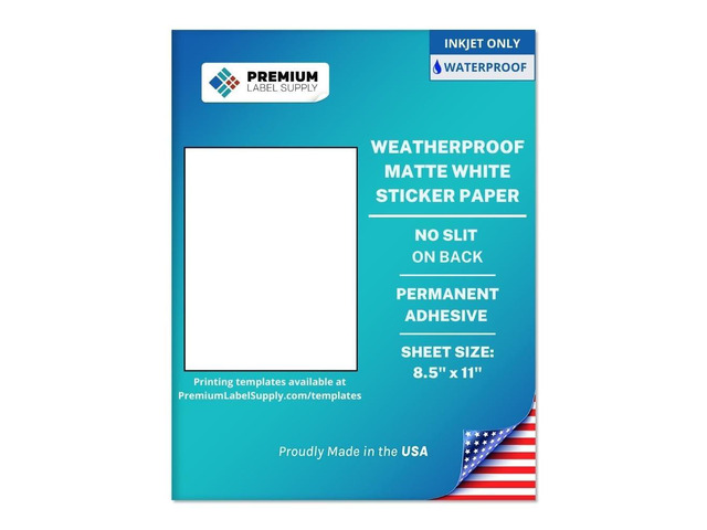 Waterproof White Inkjet Sticker Paper 8.5' x 11' Full Sheet Labels Inkjet Printers only Similar to Vinyl 100 Sheets