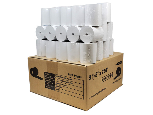 (55 GSM Paper Thickness Coreless) 3-1/8' x 230' (50 Rolls - 1 Case) Bpa Free Thermal Receipt Printer Paper No Branding Blank Tabs Drop Shipping
