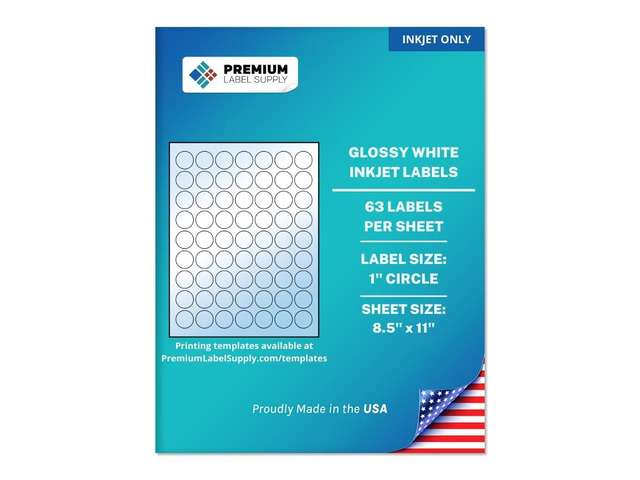 Glossy White Sticker Round Labels 1' Circle (63 per Sheet) (Glossy White for Inkjet Only, 31,500 Labels)