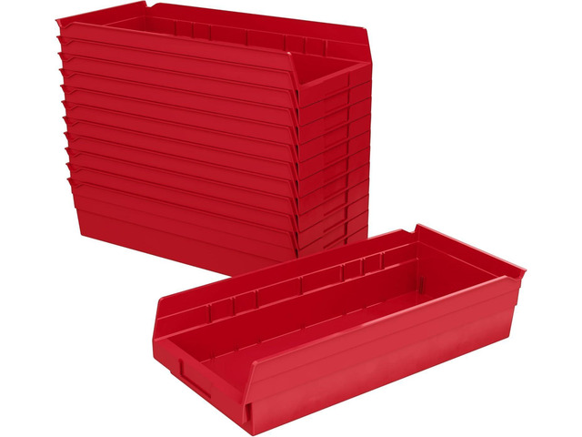 30158 Plastic Shelf Bins, Heavy Duty Storage Bins for Garage, Closet, and Drawer Organization, 18-Inch x 8-Inch x 4-Inch, Red, 12-Pack
