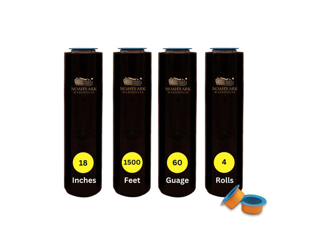 18' x 1500FT Industrial Class Pallet Wrap, 60 Gauge 4 Rolls Black Stretch Film for Warehouse Packing, Adhering Packing Moving Packaging (4 Pack)