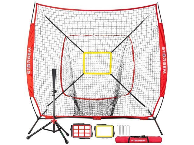 7x7 Baseball Softball Net with Tee, Strike Zone & Bow Frame 7x7 Baseball Pitching Hitting Net with Strike Zone, Portable Net with Batting Tee Bow...
