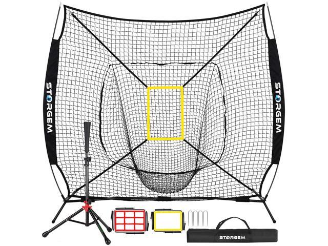 7x7 Baseball Softball Net with Tee, Strike Zone & Bow Frame 7x7 Baseball Pitching Hitting Net with Strike Zone, Portable Net with Batting Tee Bow.