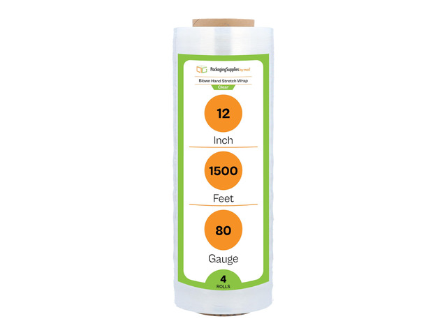 PSBM Blown Hand Stretch Wrap/Shrink Film 12' x 1500 feet 80 Gauge 4 Rolls Clear Blown Stretch Wrap Heavy Duty Plastic Industrial Strength Film...