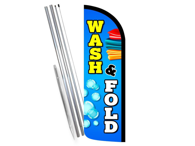Wash & Fold - Laundromat Dry Cleaner Premium Windless Feather Banner Flag Kit (Flag, Pole, & Ground Mt)