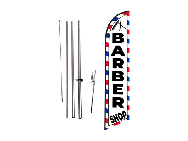 Barber Shop (White) Feather Flag Eye Catching Banner Sign for Business and Marketing Complete Set with 15 ft Pole Kit and Ground Spike
