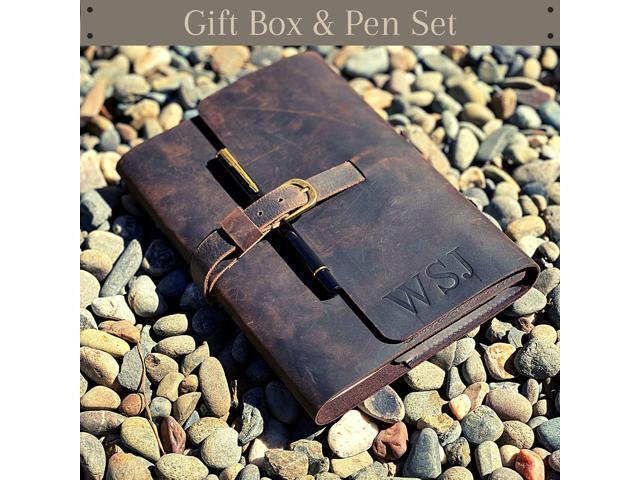 PERSONALIZED LEATHER JOURNAL GIFT SET for Men & Women, Initials on Premium Leather Cover, Metal Pen, Refillable A5 Lined Paper Notebook, Leather.