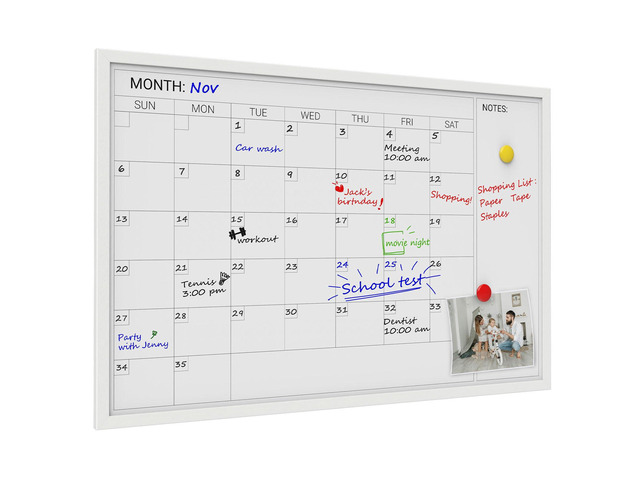 Magnetic Monthly Calendar Whiteboard, 36 x 24 Inches White Wooden Modern white wood frame magnetic monthly calendar whiteboard, decorative wall...
