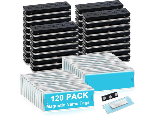120 Pack Name Badge Magnets Kit Acrylic Magnetic Name Tag Holders with Blank Printable Paper Inserts 3 Magnets Clear Adhesive ID Holder for...