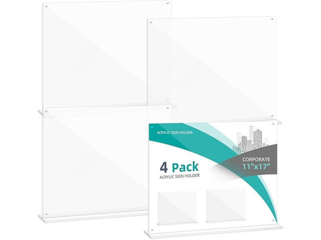 4-Pack 17x11 Acrylic Sign Holder Table Top with Magnetic Corners Quick Change Display Stand for Menus, Posters and Ads, Restaurant, Office,...