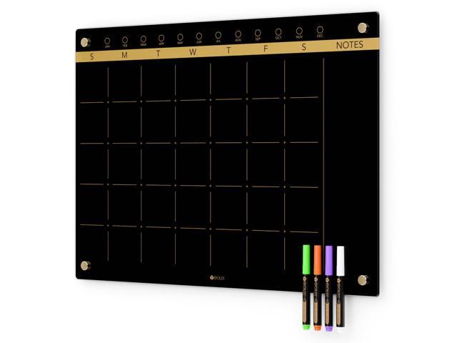 Black Glass Golden Monthly Dry Erase Calendar Whiteboard for Wall, 17' x 23', Frameless Large Planner White Board for Home Kitchen Office, 4 Wet.