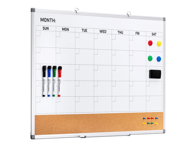 Dry Erase Calendar Whiteboard Corkboard Combo, 36 * 24 inch Monthly Calendar and Bulletin Board Combination for wall, Aluminum Frame Planner with...