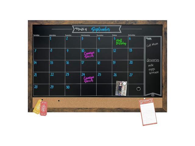 Framed Magnetic Chalkboard Calendar - 36 x 24 in, Rustic Alloy Steel Frame - Kitchen Wall Decor & Menu Board for Kitchen - Magnet Display for.
