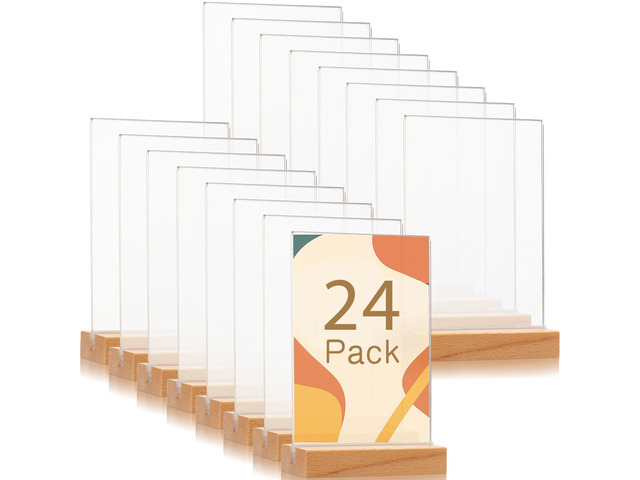 24 Pack 5 x 7 Inch Clear Acrylic Sign with Wood Base T Shape Sign Holder Vertical Blank Stands Desktop Display Plastic Menu Frame Double Sided...
