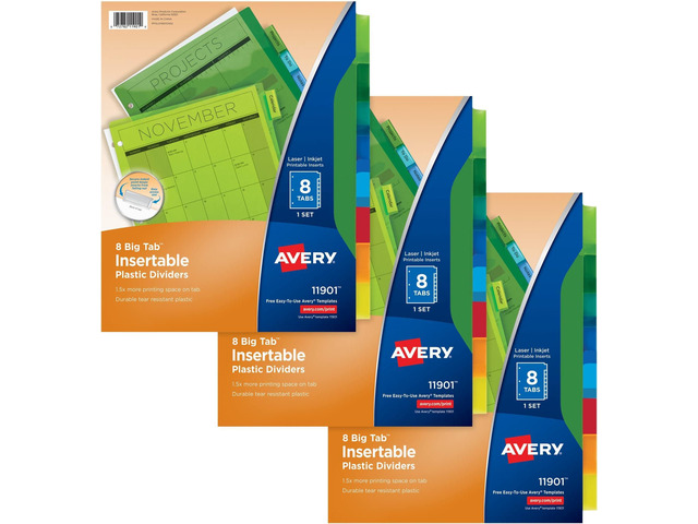 Dividers for 3 Ring Binders,8-Tab Plastic Binder Dividers,Insertable Big Tabs,Multicolor (3 Sets of 11901),(Pack of 8)