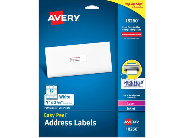 White Address Labels Easy Peel Sure Feed Technology For Mailing & Shipping 1' x 2-5/8' 750 Labels, Pack of 5