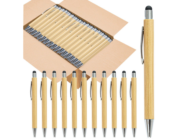 250 Pack Bamboo Pens Bulk with Touch Stylus Tip Wooden Bamboo Pens Engraving Wooden Ballpoint Pen Customizable Gift Pen Bulk