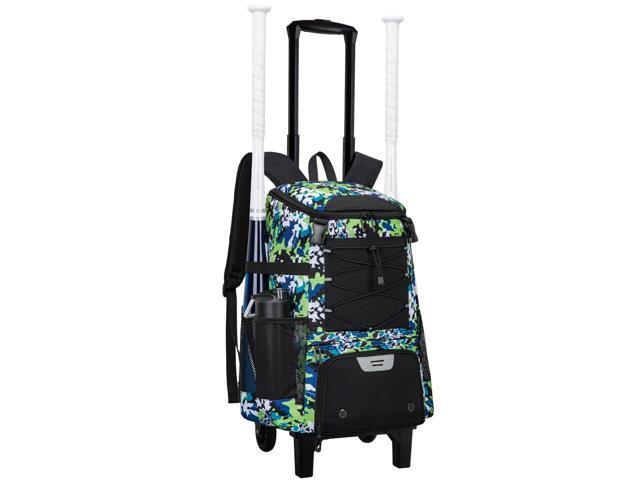 2-in-1 Rolling Baseball & Softball Bag, Detachable Backpack, Roll or Carry, Dual-Pole Anti-Tip, 3.5' Wheels, No Tools Setup