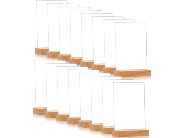 24 Pack 4 x 6 Inches Clear Acrylic Sign with Wood Base T Shape Sign Holder Vertical Blank Stands Desktop Display Plastic Menu Frame Double Sided.