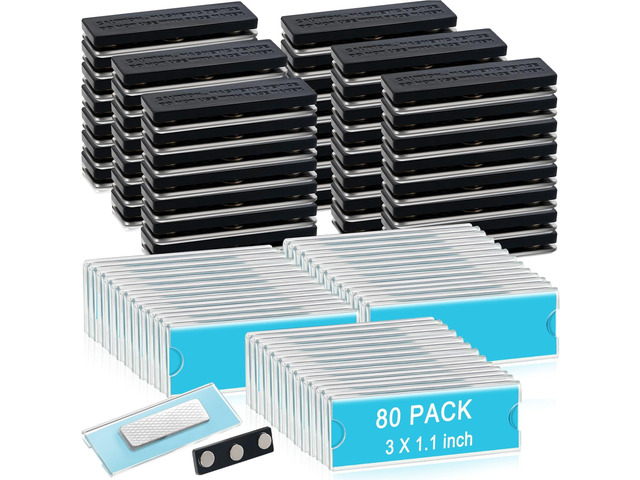 80 Pack Name Badge Magnets Kit Acrylic Magnetic Name Tag Holders with Blank Printable Paper Inserts 3 Magnets Clear Adhesive ID Holder for Business...